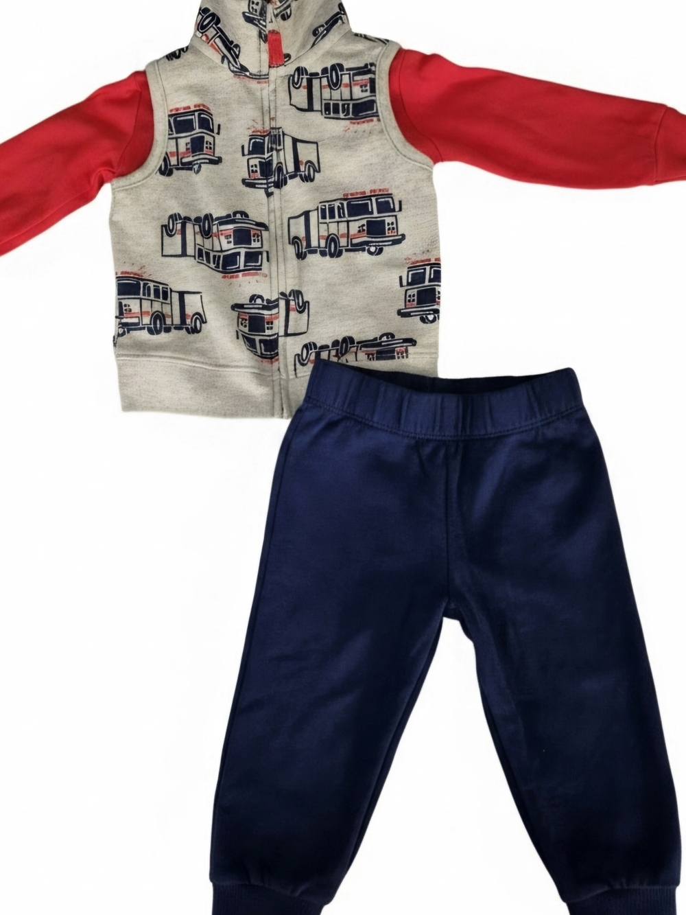 Carter's Firetruck Zip Up Vest, Bodysuit & Navy Joggers - Size 12 Months